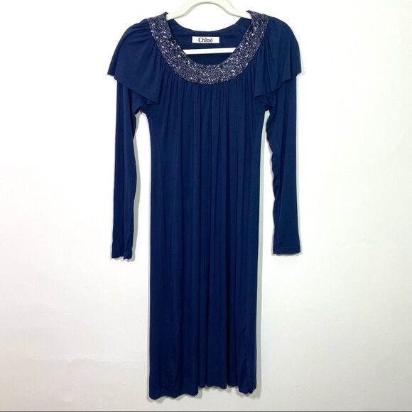 CHLOE Blue Long Sleeved Midi Dress with Beaded Collar and Fringed Shoulders - Picture 1 of 9